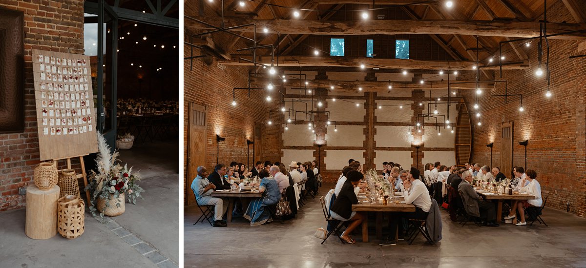 Photographe et Vidéaste mariage domaine de Guerquesalle salle en brique et jolie charpente - Un reportage mariage folk à la ferme de Querquesalle à Amécourt en Normandie