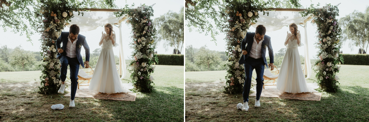 Photographe mariage et vidéaste mariage juif aux Jardins de Coppélia près de Honfleur et Deauville avec cérémonie laïque en extérieur verre cassé